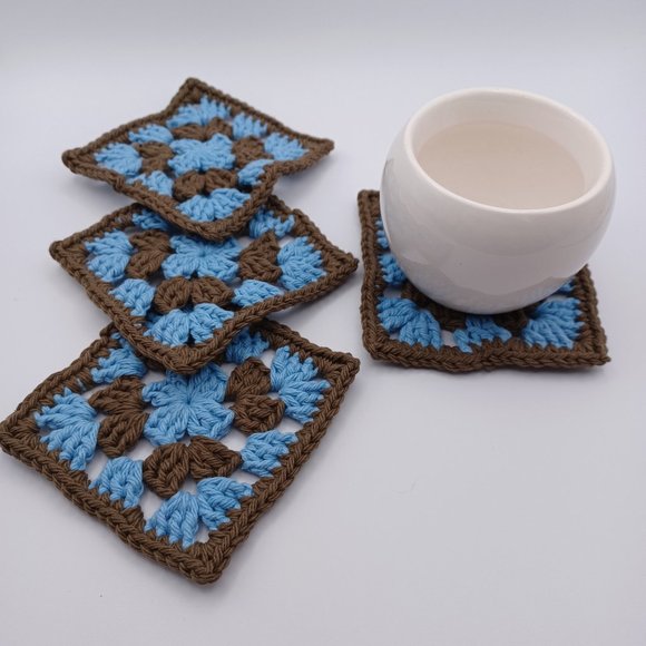 Handcrafted Cotton Coasters - Set of 4 - Blue and Brown - Picture 4 of 7